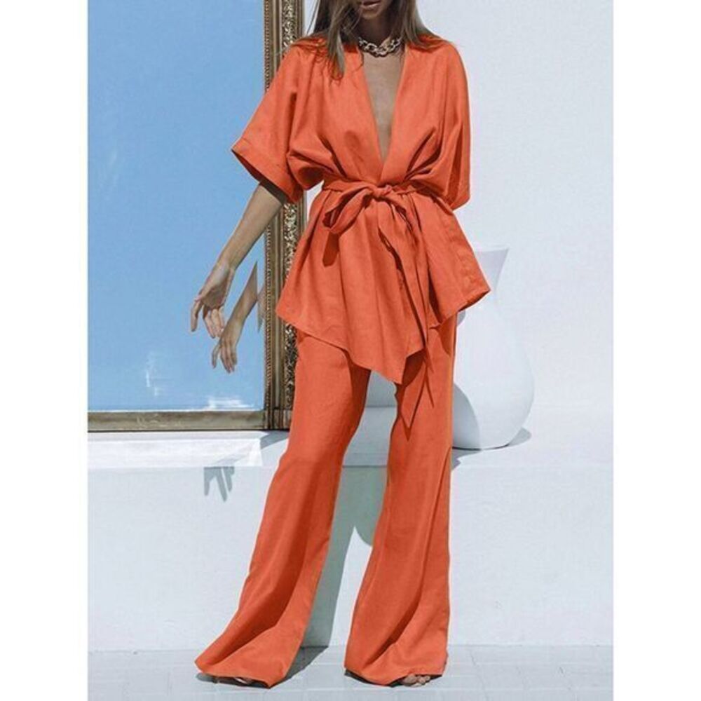Commense Linen Cotton Orange Two-Piece Set Kimono-Style Top Wide-Leg Pant Outfit - Picture 2 of 16